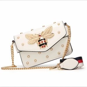 White bumblebee jeweled faux pearl fashion purse